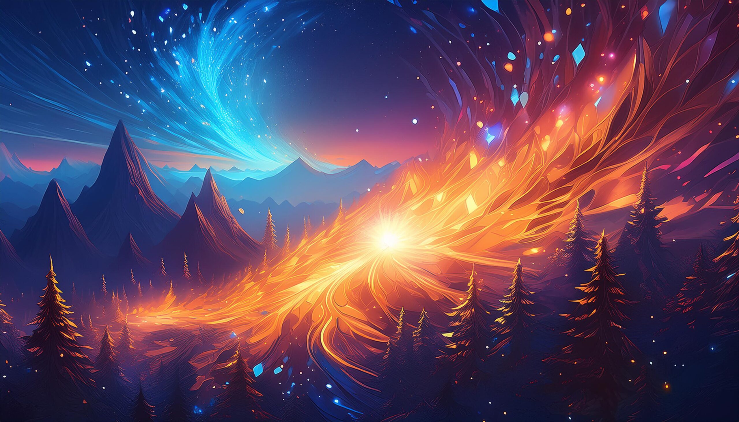 The image depicts a vibrant and surreal landscape with colorful mountains and swirling clouds. A bright light source behind the mountains adds to the dreamlike atmosphere.