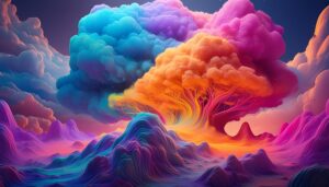 The image depicts a vibrant and surreal landscape with colorful mountains and swirling clouds. A bright light source behind the mountains adds to the dreamlike atmosphere.