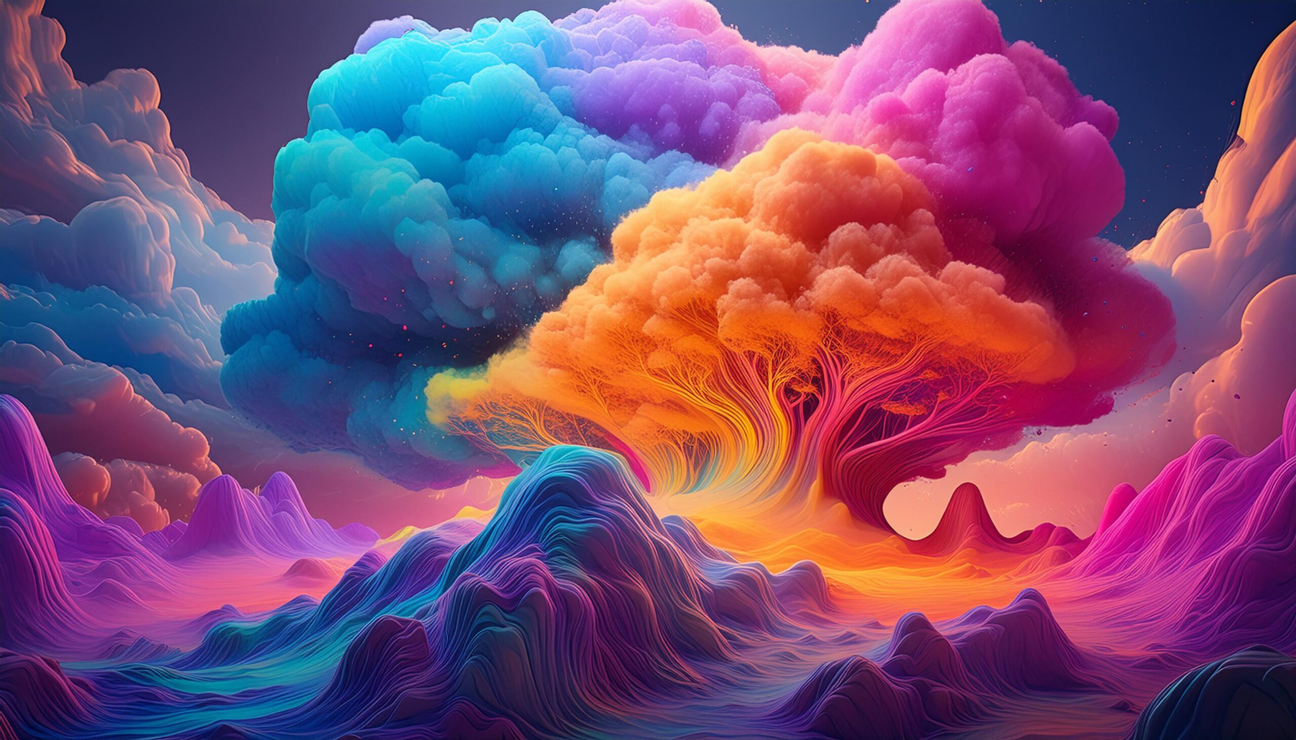 The image depicts a vibrant and surreal landscape with colorful mountains and swirling clouds. A bright light source behind the mountains adds to the dreamlike atmosphere.