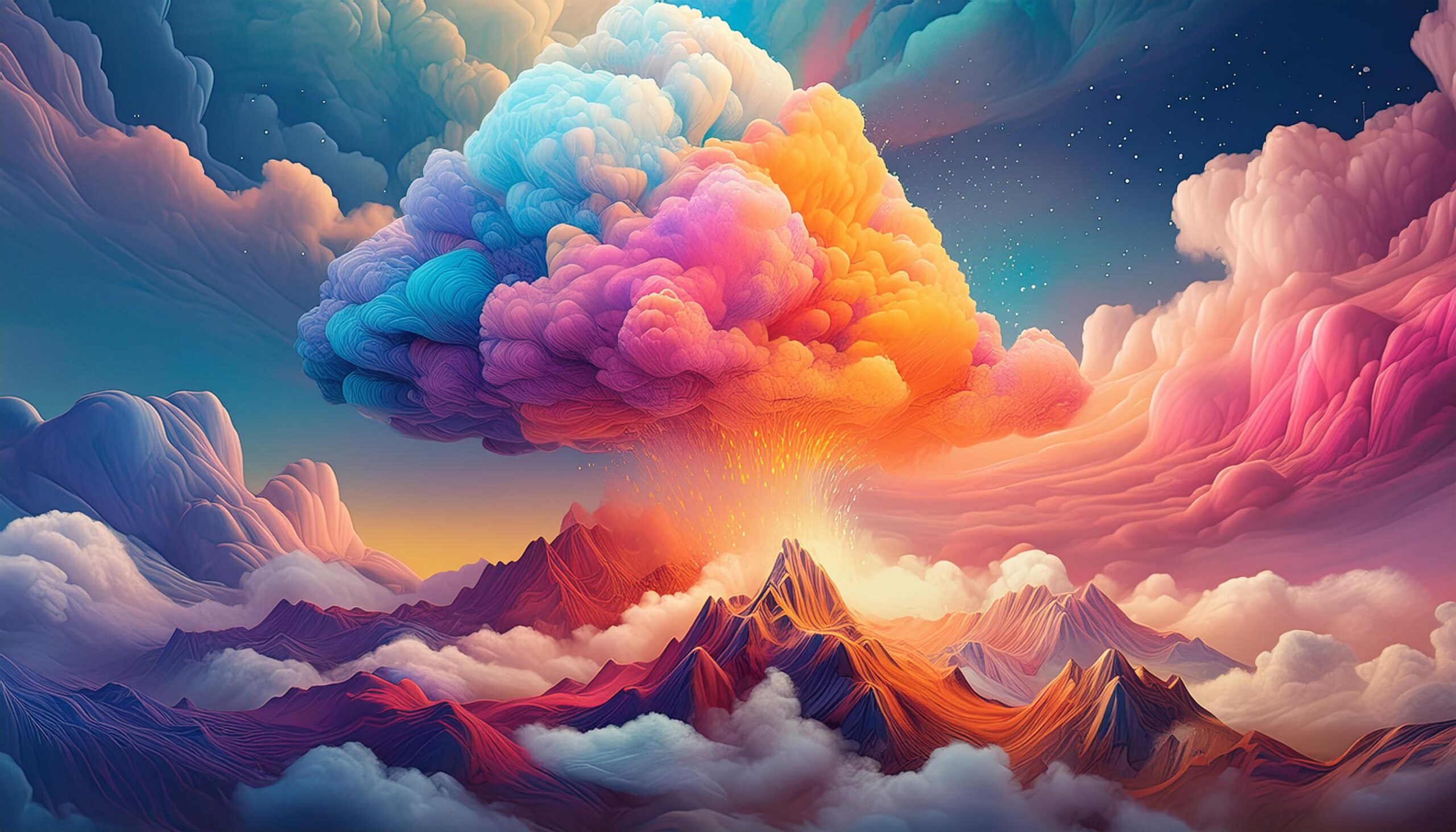 The image depicts a vibrant and surreal landscape with colorful mountains and swirling clouds. A bright light source behind the mountains adds to the dreamlike atmosphere.