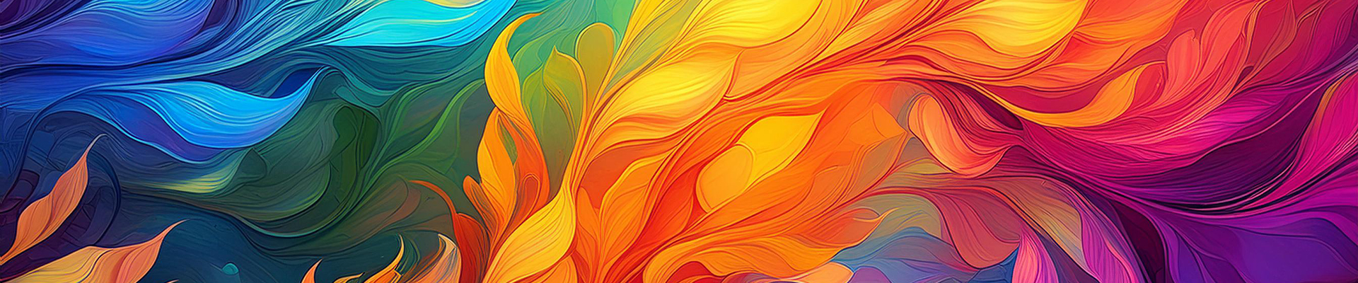 The image displays an abstract design consisting of vibrant, flowing colors that intertwine and overlap each other. The colors range from cool blues and greens on the left to warm oranges, yellows, and pinks on the right, creating a dynamic spectrum effect.