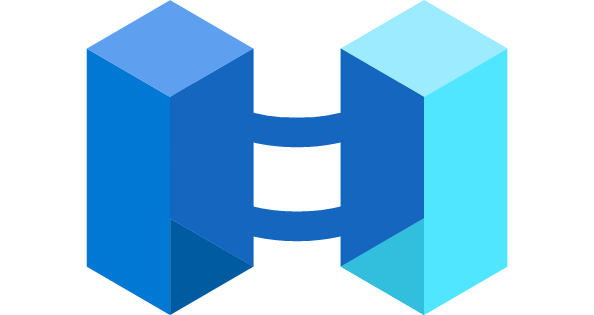 The image shows a stylized letter ‘H’ composed of three-dimensional geometric shapes. The shapes appear to be cubes or rectangular prisms, with two vertical elements in shades of blue and a connecting horizontal element in a lighter blue or cyan color.